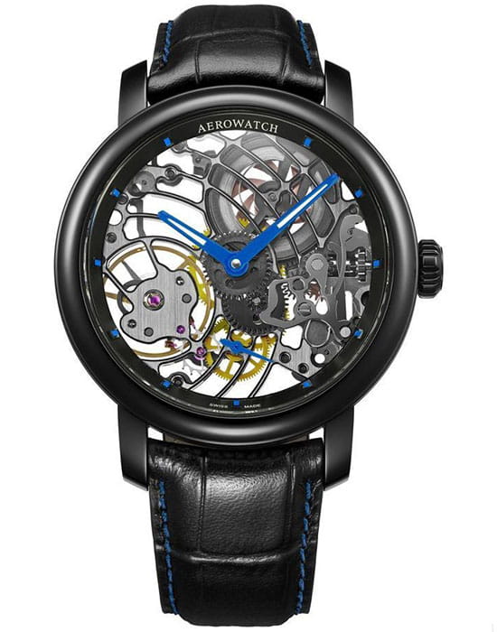 Aerowatch Aerowatch 50931 NO09  50931 NO09 механические мужские часы черный циферблат, браслет кожаный — вид спереди